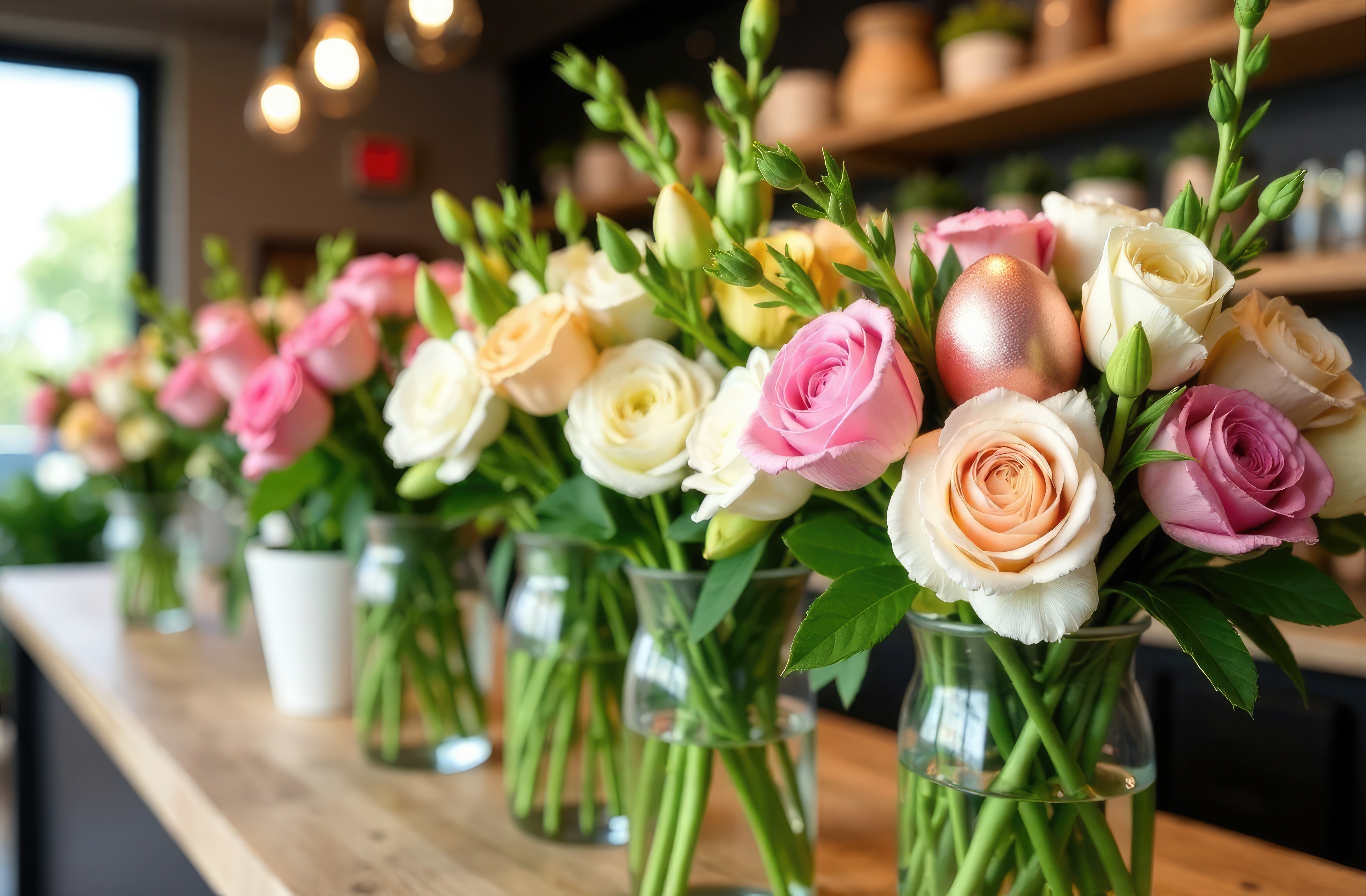 Colorful Flower Arrangements With Easter Eggs In A Cozy Shop Setting
